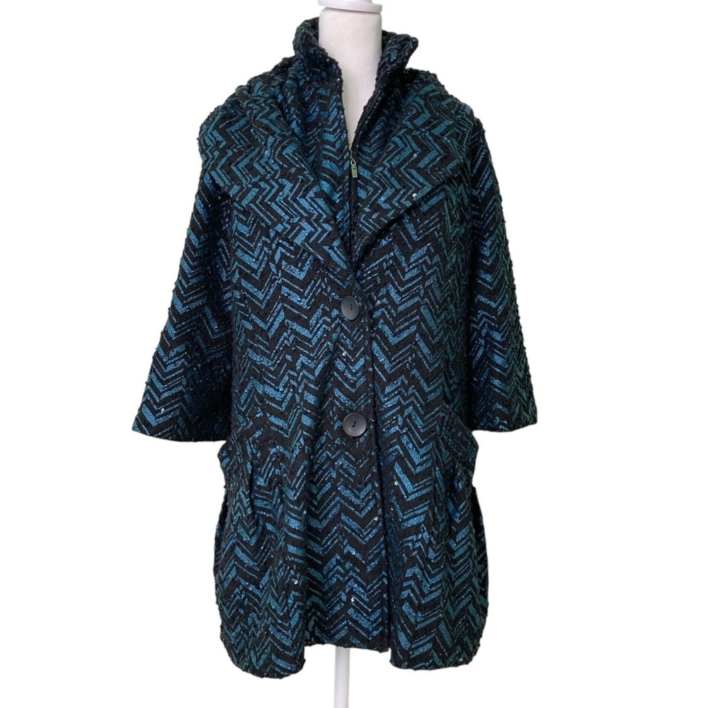 Damee, Inc Collared Blue & Black Textured Chevron Swing Jacket Sequin (Size‎ M)